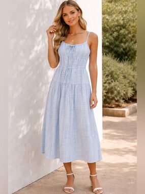 Sim & Sam Light Blue Gingham Tiered Midi Dress With Side Pockets. Size Medium